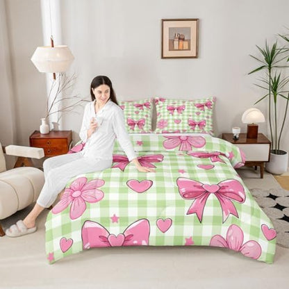 jejeloiu Checkerboard Bowknot Bedding Set Soft for Boys Girls, Pink Bow Comforter Set Toddler Size Plaid Duvet Quilt Microfiber Green Bedroom Decor 2 Pcs with 1 Pillow Cases