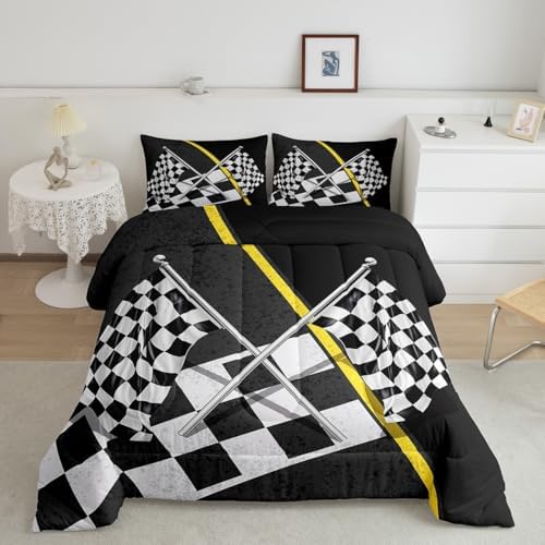 Manfei Race Car Flag Comforter Set King Size, Black White Checkered Flag Bedding Set 3pcs for Kids Boys Girls, Racing Game Sport Theme Quilt Set Abstract Plaid Duvet Set with 2 Pillowcases