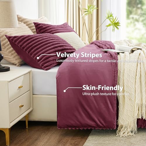 EXQ Home Fluffy Comforter Set King Size,3 Pieces Bed Set,Burgundy