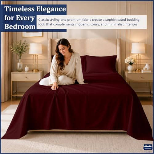 Cottingon 4 Piece King Sheets Fits 16" Deep, Egyptian Cotton, Burgundy