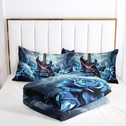 AILONEN 3D Cool Guitar Comforter Set Queen Size, Lightning Rock Music Bedding Set for Boys Teens Adults,Blue Rose Guitar Duvet Set for Bedroom Decor,1 Quilt + 2 Pillowcase,3-Piece