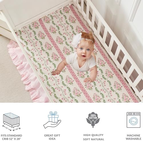 Brandream French Country Crib Bedding Set for Girls Pink Floral Stripes Vines Grandmillennial Cottagecore Print 100% Cotton Baby Girl Nursery Bedding - Ruffles Quilt,Crib Sheet,Crib Bed Skirt,3 Pieces