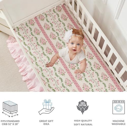 Brandream French Country Crib Bedding Set for Girls Pink Floral Stripes Vines Grandmillennial Cottagecore Print 100% Cotton Baby Girl Nursery Bedding - Ruffles Quilt,Crib Sheet,Crib Bed Skirt,3 Pieces