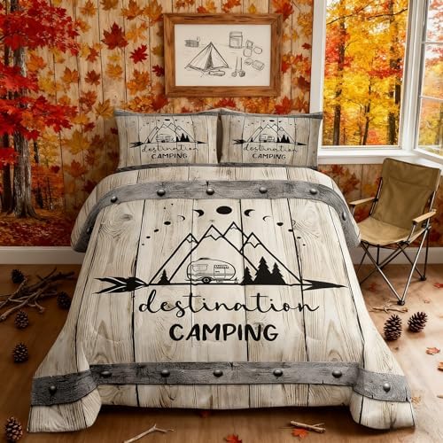 Happy Camping Car Comforter Set Full Size,RV Camper Trailer Decor Bedding Set 3pcs for Kids Boys Girls Adults,Vintage Wooden Plank Cabin Down Comforter,Rustic Farmhouse Duvet Insert,2 Pillowcases