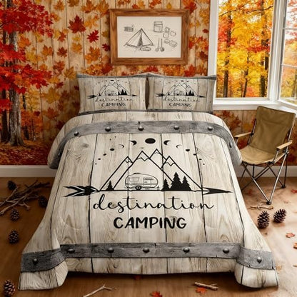 Happy Camping Car Comforter Set Full Size,RV Camper Trailer Decor Bedding Set 3pcs for Kids Boys Girls Adults,Vintage Wooden Plank Cabin Down Comforter,Rustic Farmhouse Duvet Insert,2 Pillowcases