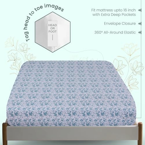 Feather & Stitch Fitted Sheet Only, 100% Cotton 300TC Lightweight Cooling & Breathable Percale Weave Fitted Sheet 16" Regular Elastic Deep Pocket Soft Bedding Mattress (Twin, Blue Floral)
