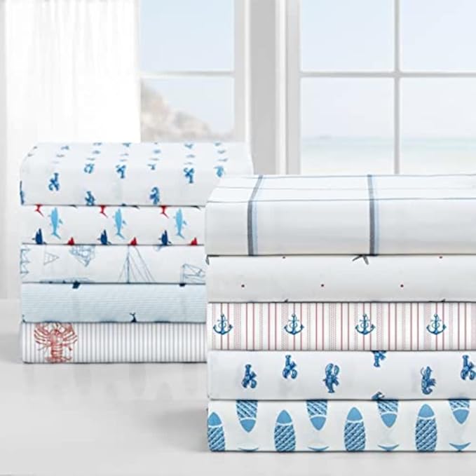 Nautica - Twin Size Sheet Set, Crisp & Tailored Cooling Sheets with a Smooth Cotton Percale Lightweight Feel - Bed Sheets with Matching Pillowcase & Fitted Sheet (Costazul Blue/Red)