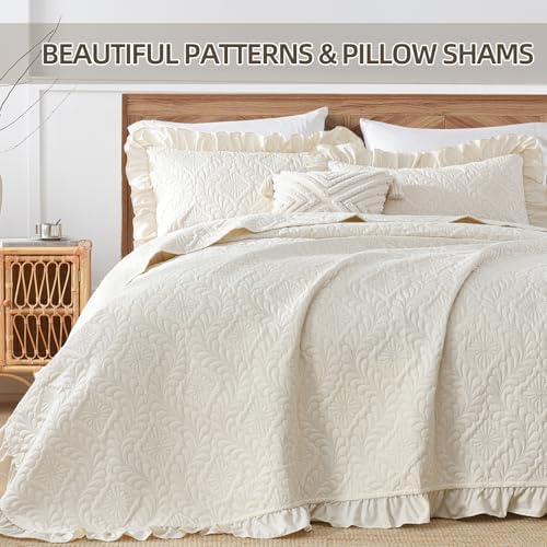 DJY Quilts Queen Size, Ruffled Reversible Bedding Set, Beige