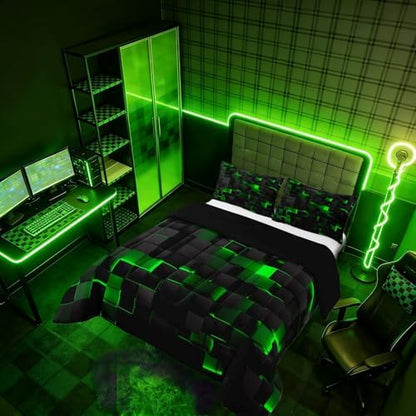 Erosebridal Black Green Comforter Set Full Neon Geometric Checkered Bedding Set for Kids Boys Gaming Room Decor,Teen Men Abstract Stereoscopic Grids Quilt Square Plaid Check Bed Set 3 Pcs