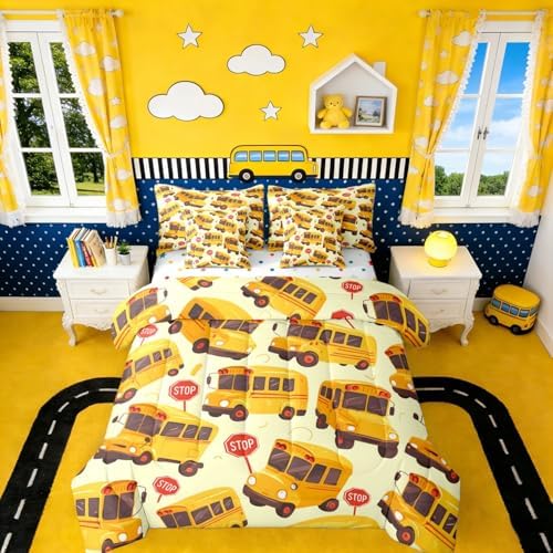 Erosebridal School Bus King Bed in A Bag for Kids, Cartoon Truck Comforter Set with Sheets for Boys Girls Teens Youth Bedroom Decor, School Theme 7 Pcs Bedding Set, Yellow Vehicle Bed Sets