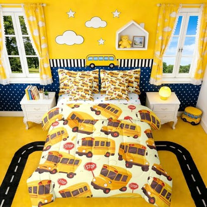 Erosebridal School Bus King Bed in A Bag for Kids, Cartoon Truck Comforter Set with Sheets for Boys Girls Teens Youth Bedroom Decor, School Theme 7 Pcs Bedding Set, Yellow Vehicle Bed Sets