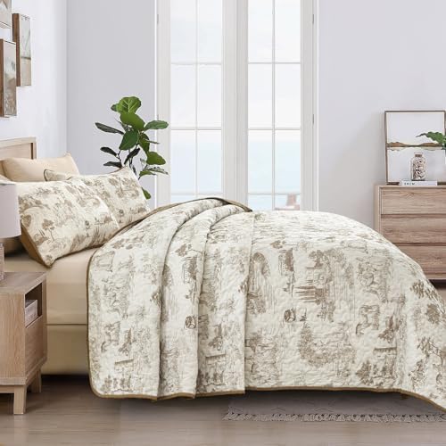 Drucon Khaki Quilt Set Queen Size, Toile Farmhouse Bedspreads, 3 Pieces Rustic Village Landscape Printed Coverlet, Soft Microfiber Quilt Bedding Set for All Season (96x90 Inch)