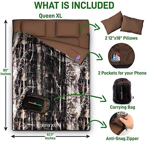 SereneLife Double Sleeping Bag with Pillows, Waterproof & Detachable for 2 Single Bags, Lightweight & Warm, Perfect for Camping, Hiking, Backpacking, and Cold Weather, Suitable for Temperatures 5-10°F