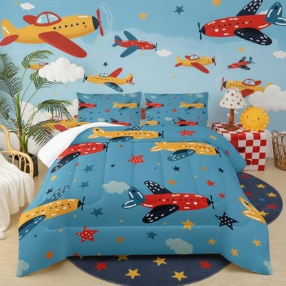 Kids Aeroplane Comforte Set Twin，Blue Airplane Bedding for Boys，Cute Star Quilt Pattern，Cute Bedroom Decor for Kids，1 Comforter 2 Pillow Cases