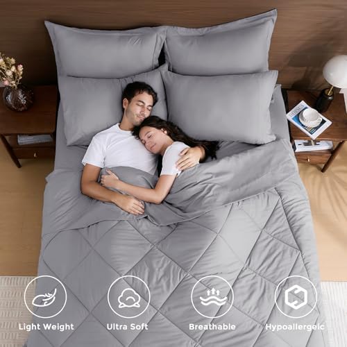 HEVUMYI 7-Piece King Comforter Set, Light Gray Bed in a Bag