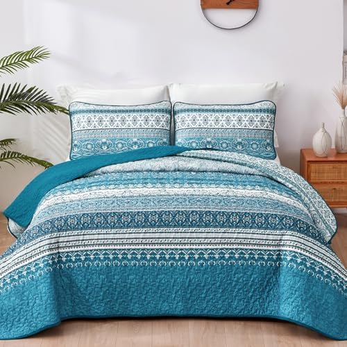 WONGS BEDDING Boho King Quilt Bedding Set, 3 Pieces Bedspread, Blue Green