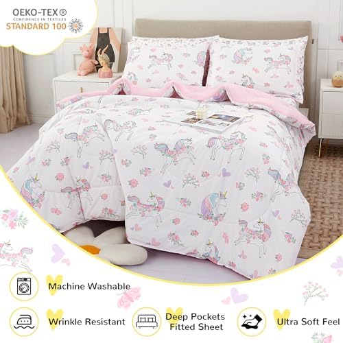 Viviland Kids Full Bedding Sets, Girls Comforter, White Unicorn
