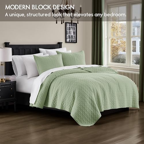 palassio Sage Green 100% Cotton Quilt King Size Bedding Sets with 2 Pillow Shams, Textured Lightweight Soft Bedspread Shabby Chic Coverlet, Quilted Comforter Bed Cover for All Season, 3 Pieces