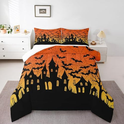 Homewish Castle Silhouette Bedding Set Orange Yellow Comforter Set for Kids Boys Black Bat Comforter Halloween Theme Quilt Set 1 Comforter Set with 1 Pillowcase Toddler Size