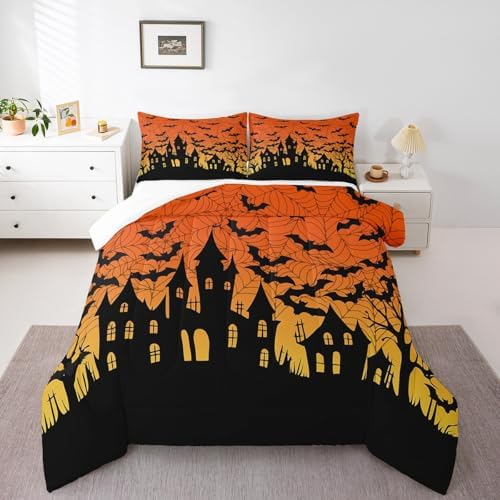 Homewish Teens Castle Silhouette Comforter Set Queen Size,Orange Yellow Bedding Set for Kids Boys Girls Bedroom Decoration,Black Bat Bed Duvet Insert,Spider Web Comforter with 2 Pillowcases