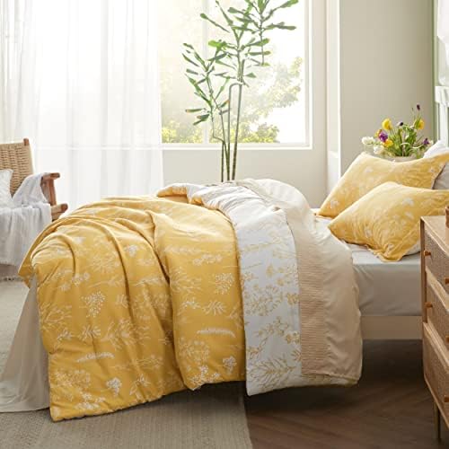 Bedsure Floral Comforter Set Cute Bedding Set King Reversible Yellow