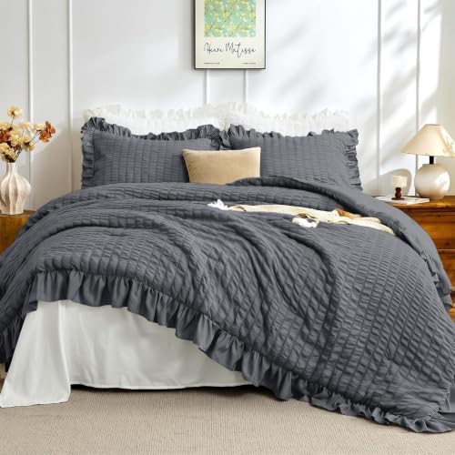 JOLLYVOGUE Dark Grey Twin/Twin XL Comforter Set, 2pcs Seersucker Bed Set