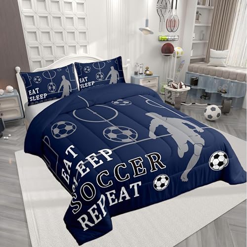 Castle Fairy Soccer Twin Size Comforter Set,Football Field Quilt Set Soft Bed Collection,Ball Games Sport Navy Blue Bedding Comforter for Boys Girls Room Decor,2 Pcs