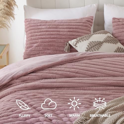Smoofy Fluffy King Size Comforter 3 PCS - Old Pink Fleece Bedding Set