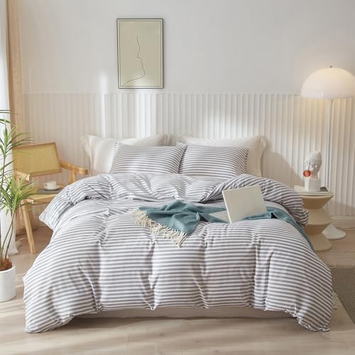 mixinni Striped Comforter Set Full Size - Grey White Stripes Pattern Bedding Set for Women and Men, 3 Pieces Lightweight Bed Sets for All Seasons (1 Soft Fluffy Comforter + 2 Pillowcases)
