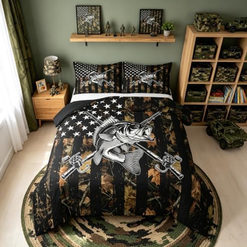 Feelyou Camo Fish Comforter Set Twin Size Bedding Set for Kids Boys Girls