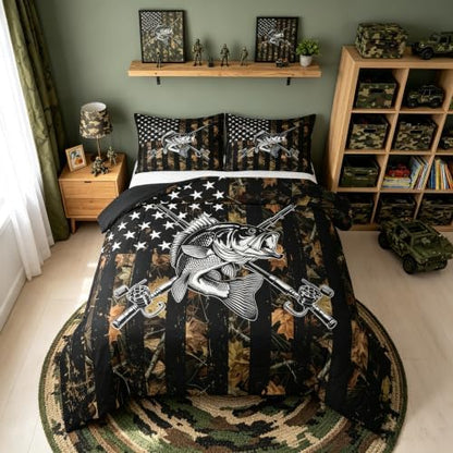 Feelyou Camo Fish Comforter Set King Size Bedding Set for Kids Boys Girls