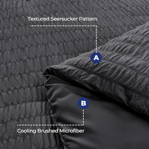 HYMOKEGE Oversized Queen Comforter Set Seersucker 7 Pieces, All Season Luxury Bed in a Bag for Bedroom, Bedding Set with Comforter, Sheets, Pillowcases & Shams, Dark Grey