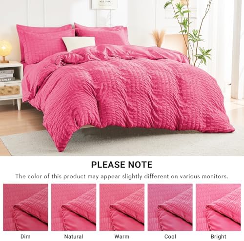 HYMOKEGE Hot Pink Queen Comforter Set Seersucker 7 Pieces, All Season Luxury Bed in a Bag Queen for Bedroom, Bedding Set with Comforter, Sheets, Pillowcases & Shams