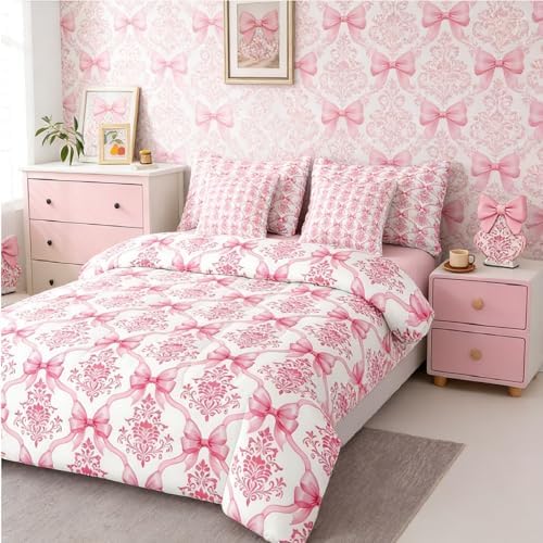 Erosebridal Pink Bow Decor Victorian Full Size Bed Sheets and Comforter Set | Antique Damask 7-Piece Bedding Set Gothic Baroque Floral Bow Bed in a Bag, Bohemian Bowknot Bed Sets