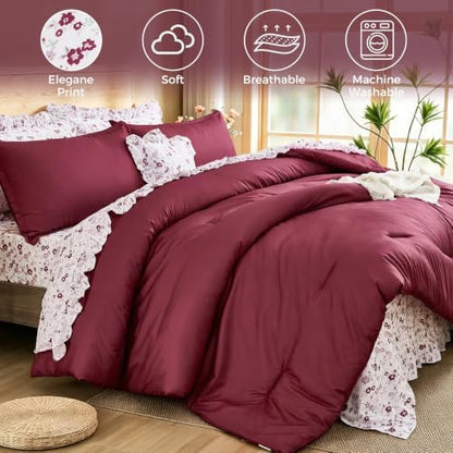 WONGS BEDDING 8PC Queen Comforter Set, Ruffle Comforter with Floral Sheets