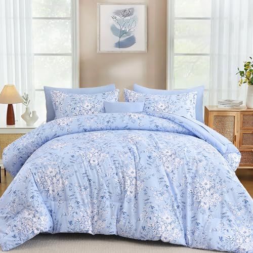 King Size Comforter Set 8 Pieces Blue Floral Bed in a Bag Comforter Sets