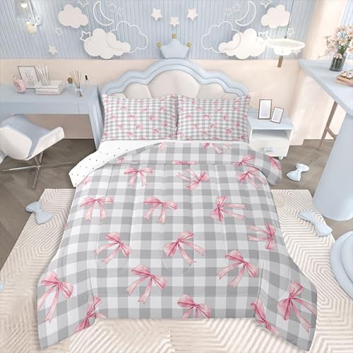 jejeloiu Checkerboard Bowknot Comforter Set All Season Pink Bow Bedding Set with 2 Pillow Cases Plaid Microfiber Kids King Bedclothes Gray Bedroom Decor Duvet Quilt Breathable Soft Lightweight