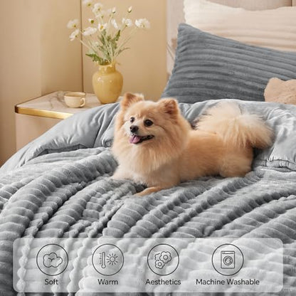 BEDELITE Fleece Full Comforter Set, Fluffy Bed Set, Light Grey