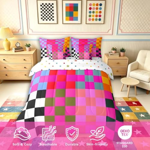 Feelyou Multicolored Checkered Retro 7 Piece Bedding Set Kids Boys Girls Geometric Vintage Comforter Set with Sheets Twin Size Black Red Purple Bed in a Bag Modern Simple Groovy Aesthetic Room Decor