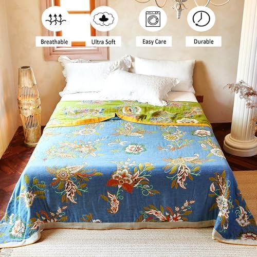 VANJOROY Boho Throw Blanket 80" x 90", 100% Organic Cotton Breathable Ultra Soft Bed Quilt Throw - All Season Luxury Floral Farmhouse Decor Blanket for Sofa Couch Chair and Gift. Green/Blue