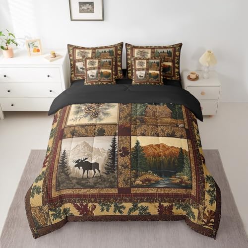 Erosebridal Hunting Theme 7 Piece Bedding Set King Size,Deer Cabin Lodge Bed in a Bag,Retro Patchwork Bed Set Includes Comforter, Sheet Set, Pillowcases & Pillow Covers All Season Bedroom Decor