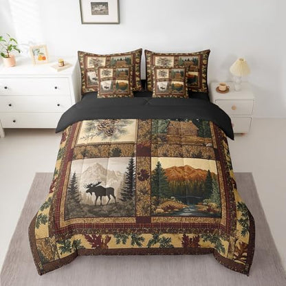 Erosebridal Hunting Theme 7 Piece Bedding Set Twin Size,Deer Cabin Lodge Bed in a Bag,Retro Patchwork Bed Set Includes Comforter, Sheet Set, Pillowcases & Pillow Covers All Season Bedroom Decor