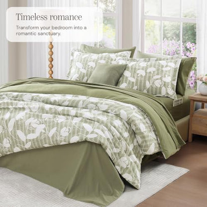 BLOOMHAVEN Full Size Comforter Sets-7 Pieces Sage Floral Bed in a Bag