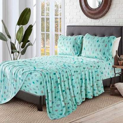 Elegant Comfort Luxuriously Soft 4-Piece Holiday Velvet Plush Flannel Sheet Set - Premium Quality - Cozy Warm, Christmas Fuzzy Velvet Flannel Fleece Deep Pocket Sheet Set - Twin, Mint Pine Trees