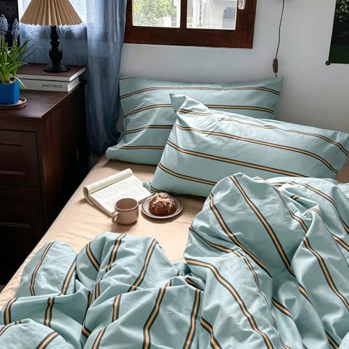 mixinni Retro Mint Blue Striped Duvet Cover Set - 100% Natural Cotton 3-Piece Vintage Stripes Pattern Printed Bedding Set, Soft Breathable Comforter Cover with Zipper Closure & Corner Ties, Queen Size
