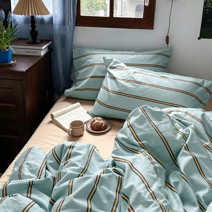 mixinni Retro Mint Blue Striped Duvet Cover Set - 100% Natural Cotton 3-Piece Vintage Stripes Pattern Printed Bedding Set, Soft Breathable Comforter Cover with Zipper Closure & Corner Ties, Queen Size