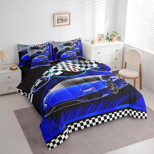Feelyou Blue Race Car Bed Set for Kids Boys Girls King Size Extreme Sports 7 Pieces Beeding Set Teen Adult Ultra Soft Speed Sports Car Bed in a Bag with Comforter, Sheets, Pillowcases Cool Car