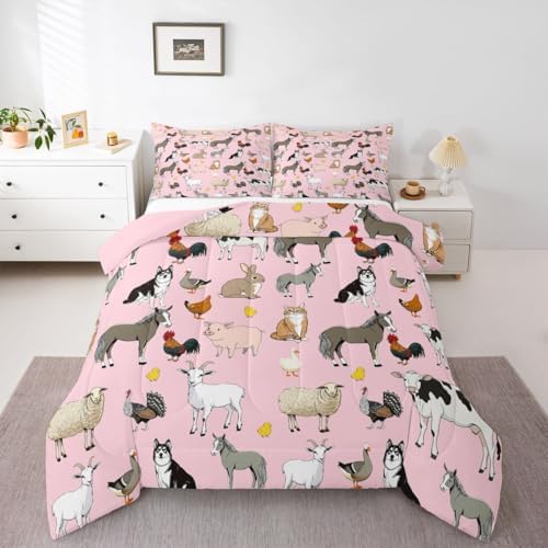 Feelyou Pink Farm Animal Comforter Set Toddler Size Cute Animal Bedding Set for Kids Boys Girls Farm Theme Duvet Quilt Cartoon Bedroom Decor 2 Pcs with 1 Pillow Cases