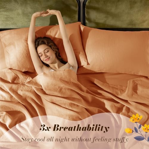 SONORO KATE 100% French Linen Queen Size Sheets Set,Natural Flax Bedding