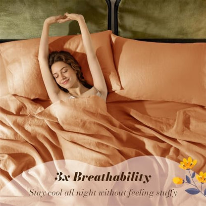 SONORO KATE 100% French Linen Queen Size Sheets Set,Natural Flax Bedding